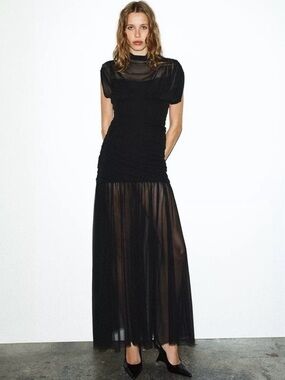 Zara Combination Draped Sheer Mesh Maxi Midi Dress Black Sz M NWT